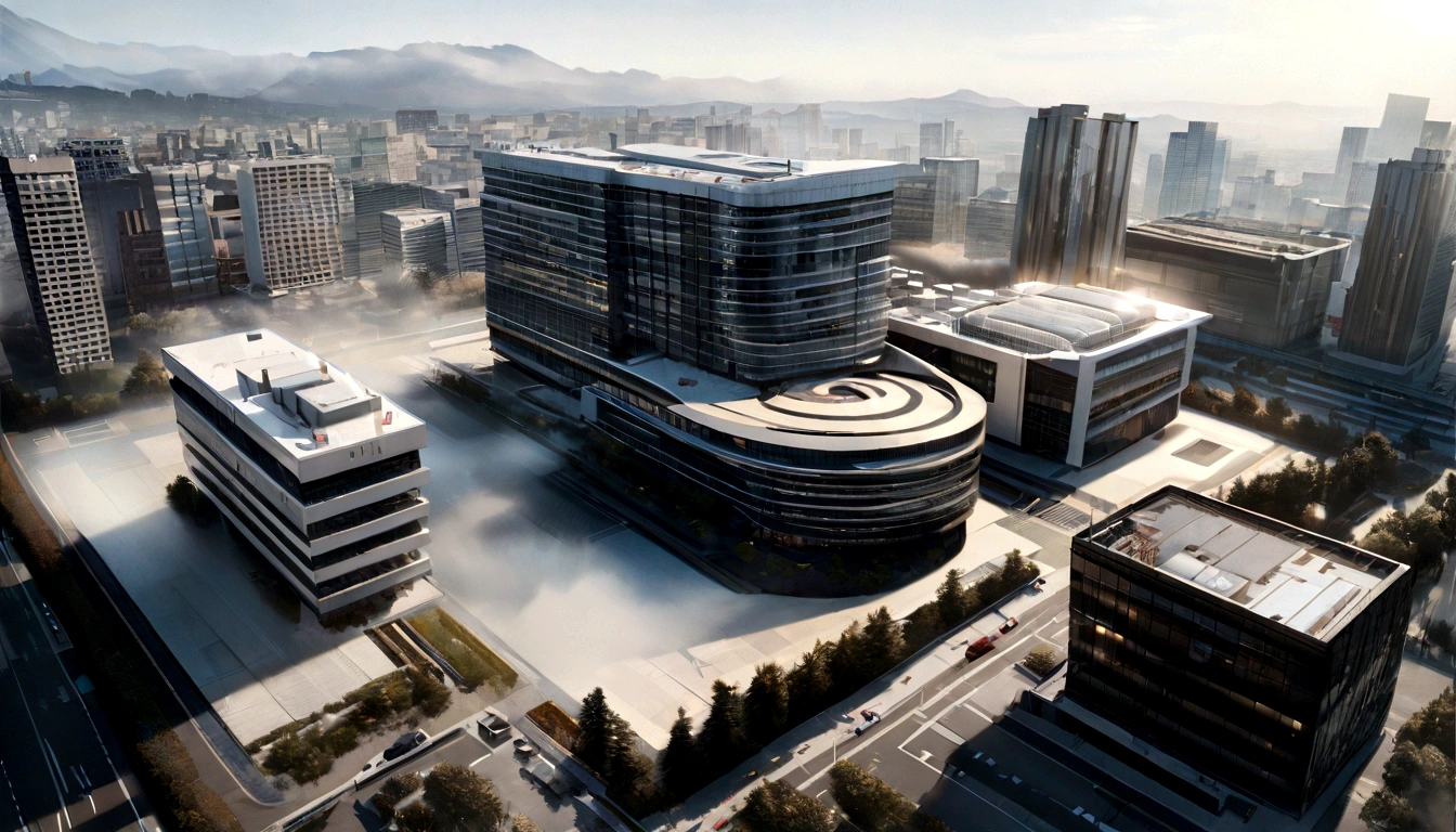 True, realistic, cinematic quality, super detail, super quality, super hd, real photography, corporate buiding, sunshine, fog, area building