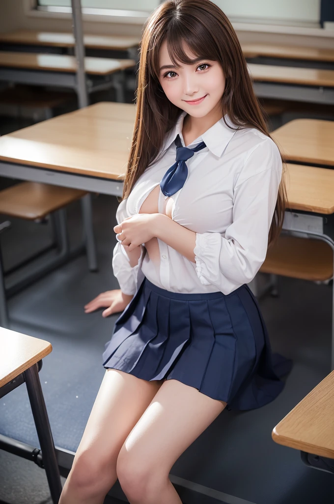 ((japanse beatiful girl:1.3)) ((school uniforms:1.4)) (( shot:1.5)) ((high school)),((dark blue skirt:1.3)) ((in the class room:1.3)) ((thin_fabric:1.4)) ((random sexy pose:1.3)) ((sweaty:1.5))((face is flushed:1.4)) ((small breasts:1.4)) ((close-up:1.2)) best quality,masterpiece,ultra high res,(photorealistic:1.4),raw photo,(Authentic skin texture:1.3),(film grain:1.3),panorama,character portrait,very wide shot,narrow waist,cowboy shot,(in the dark, deep shadow, low key, cold light,) night,(()),streaming tears,,dust,Tyndall effect,(expression),1girl,beautiful detailed eyes and face,white jabot,brown eyes,((brown hair:1.2)) ((full body:1.3)) ((smile:1.3)), stay on knees