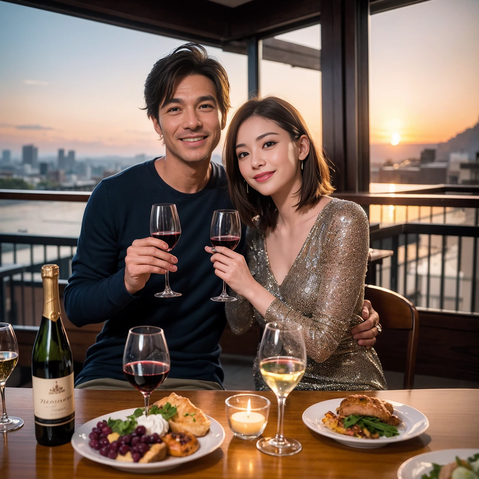 ((Highest quality、8K、masterpiece:1.3))、 (Ultra-realistic、 Genuine、Bright image、Intricate details:1.2), 最高のsmile、1 male、1 female、Beautiful couple、Love Love Love、Tokyo Lovers、Good friends、actress couple、smile、Full-course dinner at a packed table、 (Slim face), (the body is slim), (Brown Hair), (short hair), テーブルのwine glass、Please shine a light on my face、 Amazing view of the sunset sky and clouds、42 years old 39 years old, red wine 、Appetizers、Wine bottle、sparkling wine、Long sleeve shirt、dress、White wine, red wine, wine glass,
