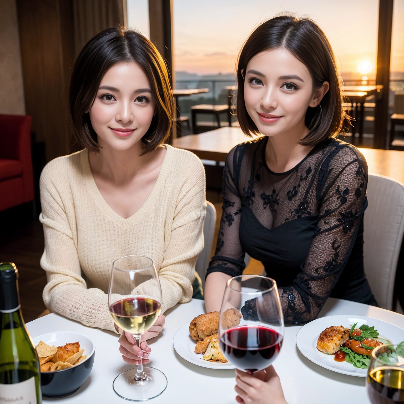 ((Highest quality、8K、masterpiece:1.3))、 (Ultra-realistic、 Genuine、Bright image、Intricate details:1.2), 最高のsmile、1 male、1 female、Beautiful couple、Love Love Love、Tokyo Lovers、Good friends、actress couple、smile、Full-course dinner at a packed table、 (Slim face), (the body is slim), (Brown Hair), (short hair), テーブルのwine glass、Please shine a light on my face、 Amazing view of the sunset sky and clouds、42 years old 39 years old, red wine 、Appetizers、Wine bottle、sparkling wine、Long sleeve shirt、dress、White wine, red wine, wine glass, 