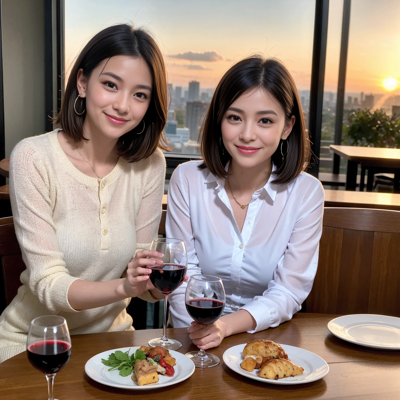 ((Highest quality、8K、masterpiece:1.3))、 (Ultra-realistic、 Genuine、Bright image、Intricate details:1.2), 最高のsmile、1 male、1 female、Beautiful couple、Love Love Love、Tokyo Lovers、Good friends、actress couple、smile、Full-course dinner at a packed table、 (Slim face), (the body is slim), (Brown Hair), (short hair), テーブルのwine glass、Please shine a light on my face、 Amazing view of the sunset sky and clouds、42 years old 39 years old, red wine 、Appetizers、Wine bottle、sparkling wine、Long sleeve shirt、dress、White wine, red wine, wine glass, 