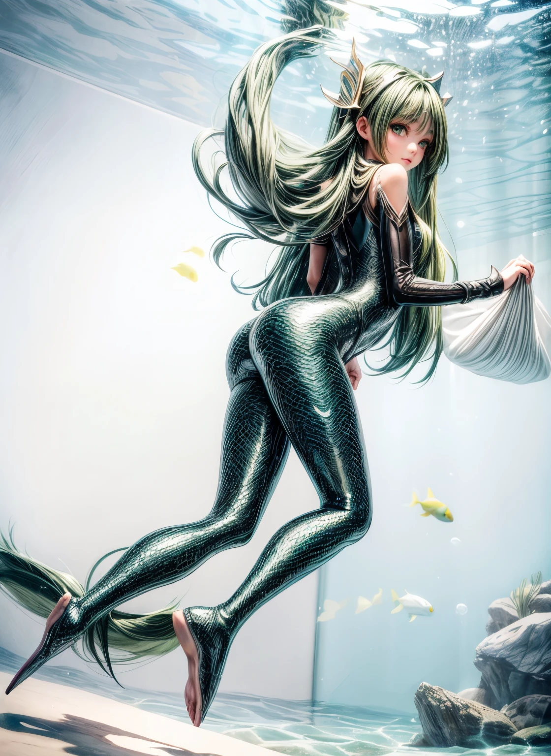 masterpiece, Highly detailed, super realistic, bright Lighting, 
beautiful face, beautiful eyes, 8k,
,1girl, solo,(mermaid style),
(12 year old girl),
(Long straight dark green hair:1.5),
(fin and serif :1.5),(beautiful legs:1.5),
(slender:1.5), (pretty face),(Small buttocks),(Slender thighs),(pretty face),
(There is a fin behind the ear),
(Inside the aquarium),(underwater),
