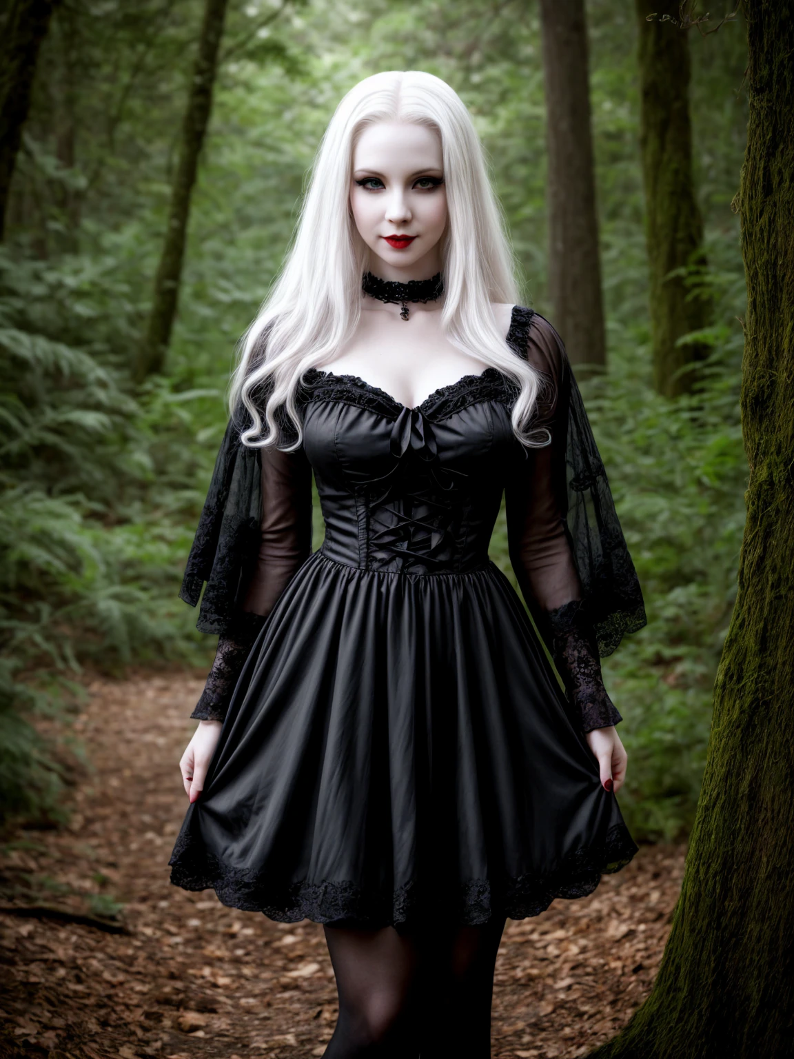 female sexy vampire|albino, pale porcelain skin, sexy vintage black dress, smile, shallow depth of field, grin|creepy, nightfall, detailed face, night, wide hips, narrow waist, portrait of woman standing, detailed eyes, portrait of woman standing, 8k RAW photo, highest quality, looking at the viewer, best shadow, intricate details, long hair, bright eyes, forest, grave, gothic, goth detailed, highres, high qualilty, high saturation