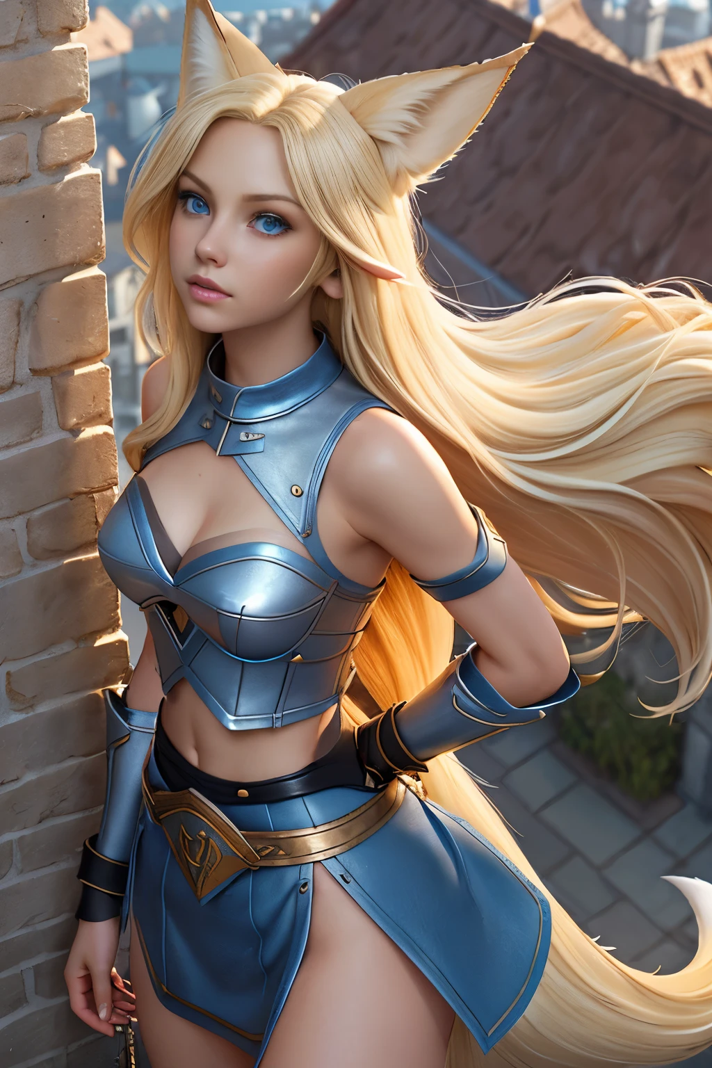 Beautiful 1girl, full body, teenager, solo, (very long waist length blonde hair, straight blonde hair: 1.28), ((light blue eyes)), clear skin, (large darker fox ears: 1.35), pale skin, medium breasts, cleavage, (thin hips, thin waist , athletic body: 1.25),  background, looking away, ((wearing leather Warcraft leather armor, leather warrior skirt, sky blue leather: 1.1), looking at viewer, (walking, arms behind back, looking up at viewer: 1.22),), on castle rooftop, masterpiece, best quality,3d rending work ,3DMM style, close-up, portrait, 3D,