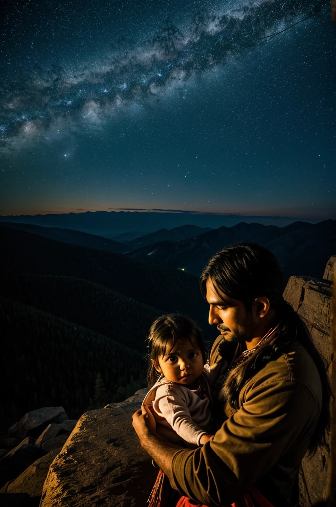 "Imagine a magical night on top of a mountain, under a starry sky and the soft moonlight. An Apache Indian lovingly holds his baby daughter in his arms, while they both look towards the horizon. The landscape is full of serenity and connection with nature. Create an image that captures this scene in detail, highlighting the deep connection between father and daughter and the beauty of the night."
