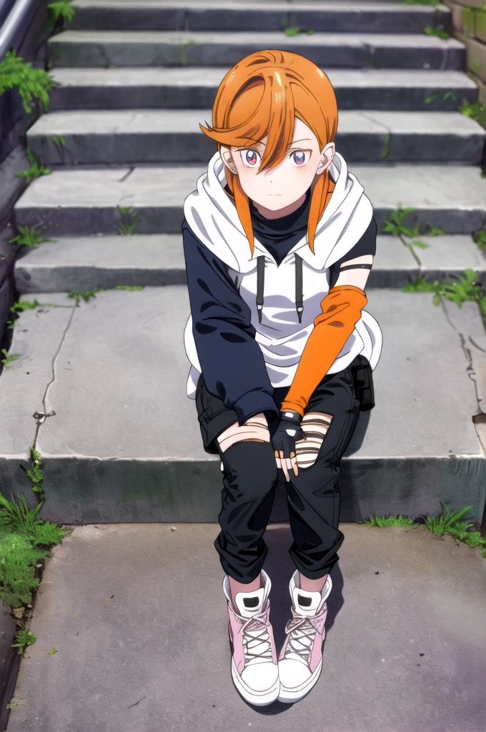 A girl, wearing a white hoodie and hood down  white shirt, black pants, a plain street  background,sitting on some stairs,shoes converses boots pink,messy hair orange, eyes purple, fingerless leather gloves,alone