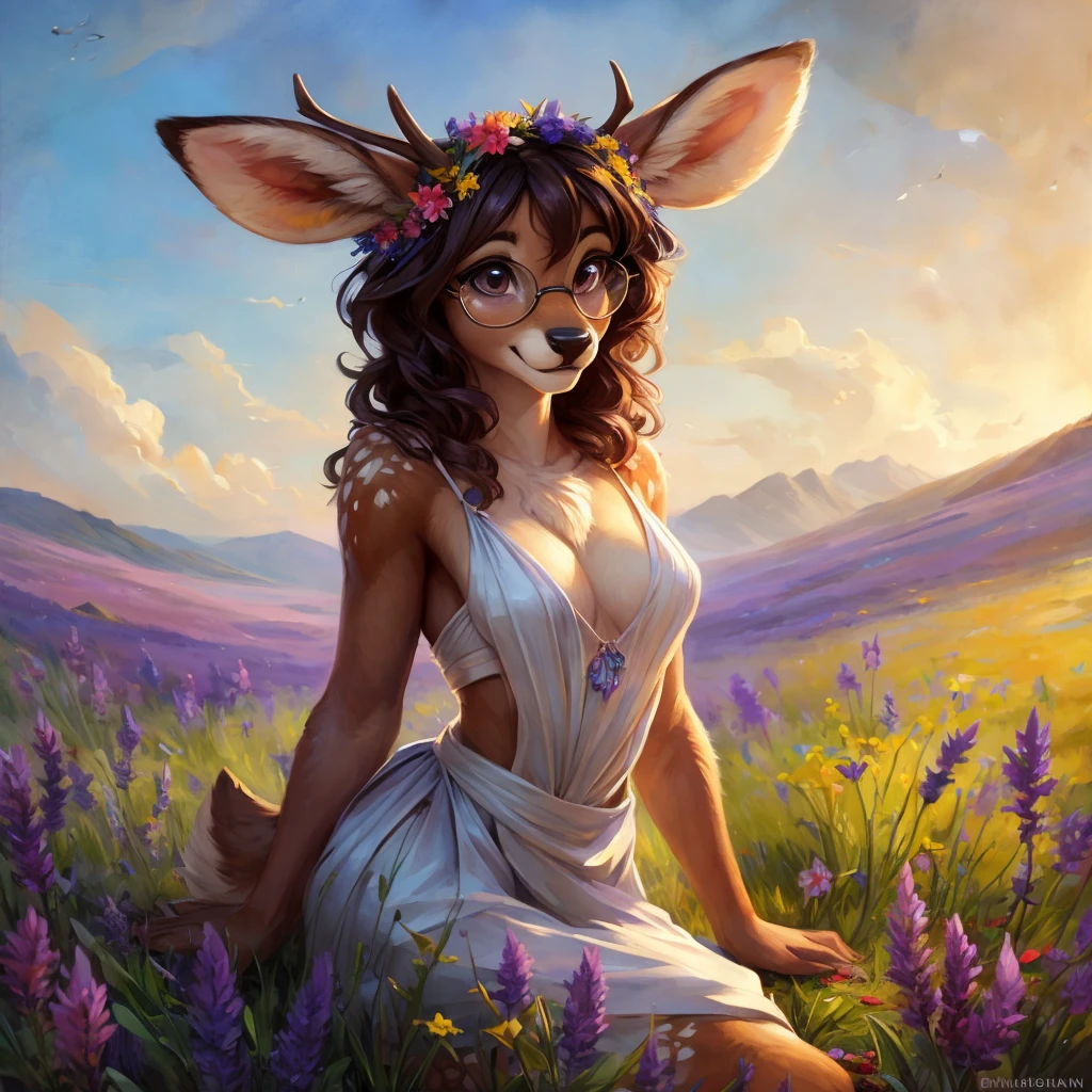 uploaded on e621, watercolor look, by Pixelsketcher, by Bayard Wu, by Thomas Benjamin Kennington , by Einshelm, by hioshiru and kenket, Chunie, portrait, solo anthro female deer doe, with small featureless breasts, clear dark blue, cinematic lighting, day, sunny day, lavender field, stays in a wildflowers field, wildflowers field background, mediterranean background, horizon background, shiny, short curly dark brown hair, wearing big black nerd glasses, very very beautiful furry art, furry art, smiling, joyful, shiny, happy, feminine, cute face, muzzle, fluffy chest, flawless face, Fallow deer, 1girl, Sakimichan is beautiful, Masterpiece, Wavethesallow Face, shiny, Detailed image, portrait, Detailed image, portrait, full body, wearing pure white short spaghetti straps dress, wearing a wildflowers wreath, shiny, realistic face, perfect , hourglass body, (furry body:1.1), anthropomorphic deer, looks at the viewer, small fluffy tail, detailed background, (cute :1.1), stands in a wildflowers field
