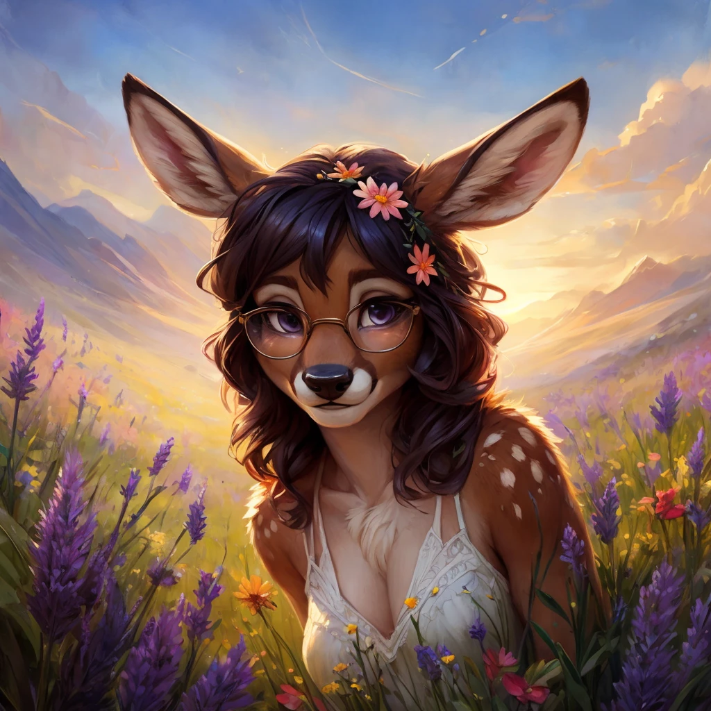 uploaded on e621, watercolor look, by Pixelsketcher, by Bayard Wu, by Thomas Benjamin Kennington , by Einshelm, by hioshiru and kenket, Chunie, portrait, solo anthro female deer doe, with small featureless breasts, clear dark blue, cinematic lighting, day, sunny day, lavender field, stays in a wildflowers field, wildflowers field background, mediterranean background, horizon background, shiny, short curly dark brown hair, wearing big black nerd glasses, very very beautiful furry art, furry art, smiling, joyful, shiny, happy, feminine, cute face, muzzle, fluffy chest, flawless face, Fallow deer, 1girl, Sakimichan is beautiful, Masterpiece, Wavethesallow Face, shiny, Detailed image, portrait, Detailed image, portrait, full body, wearing pure white short spaghetti straps dress, wearing a wildflowers wreath, shiny, realistic face, perfect anatomy, hourglass body, (furry body:1.1), anthropomorphic deer, looks at the viewer, small fluffy tail, detailed background, (cute anatomy:1.1), stands in a wildflowers field