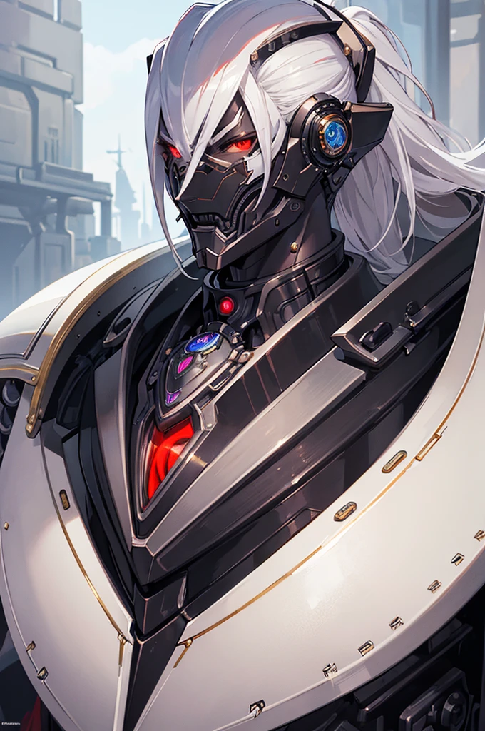 ((best quality)), ((masterpiece)), (detailed), ((boy)), ((mechanical armor)), (steampunk), (serious), dark skinned, human, upper body, portrait, red eyes, long white hair, Xemnas from Kingdom Hearts, half-drow, pointy ears