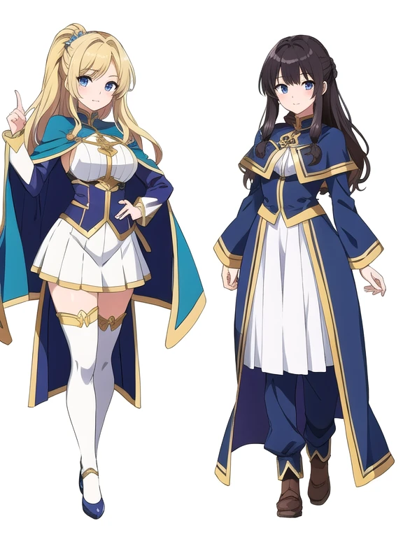 masterpiece, best quality, 2 girls, variety of hairstyles, fantasy costume, ((white background)), full body, multiple views, anime style, uniform, capelet,
