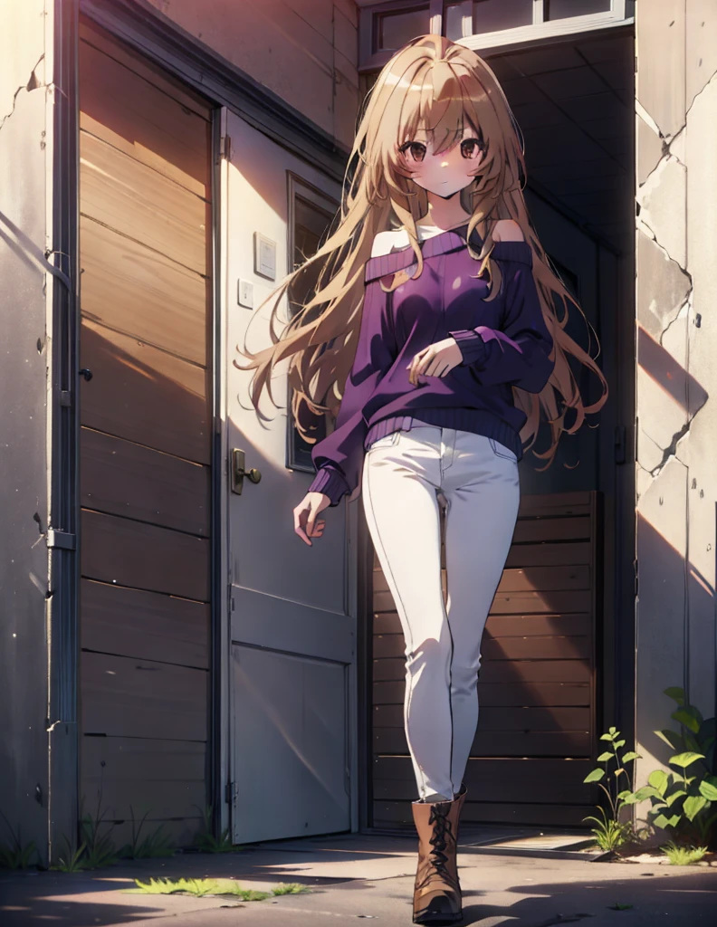 Taiga Aisaka, taiga aisaka, Long Hair, Brown Hair, Brown eyes,One-shoulder sweater,Skinny jeans,short boots,Daytime,Clear skies,Walking,whole bodyがイラストに入るように,
break outdoors, Building district,
break looking at viewer, whole body,
break (masterpiece:1.2), Highest quality, High resolution, unity 8k wallpaper, (shape:0.8), (Beautiful attention to detail:1.6), Highly detailed face, Perfect lighting, Extremely detailed CG, (Perfect hands, Perfect Anatomy),