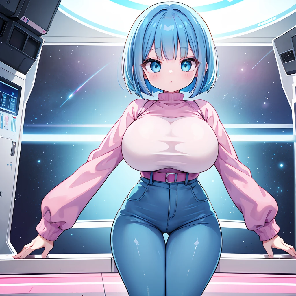 An android woman, large , cute face, blue hair and blue eyes, bob cut hair, full body, thin waist, pink-light blue pants, wearing a pink-light blue shirt, blue shoes, perfect thighs, sfw, on a space station, sfw, space themed, android, hair has pink highlights