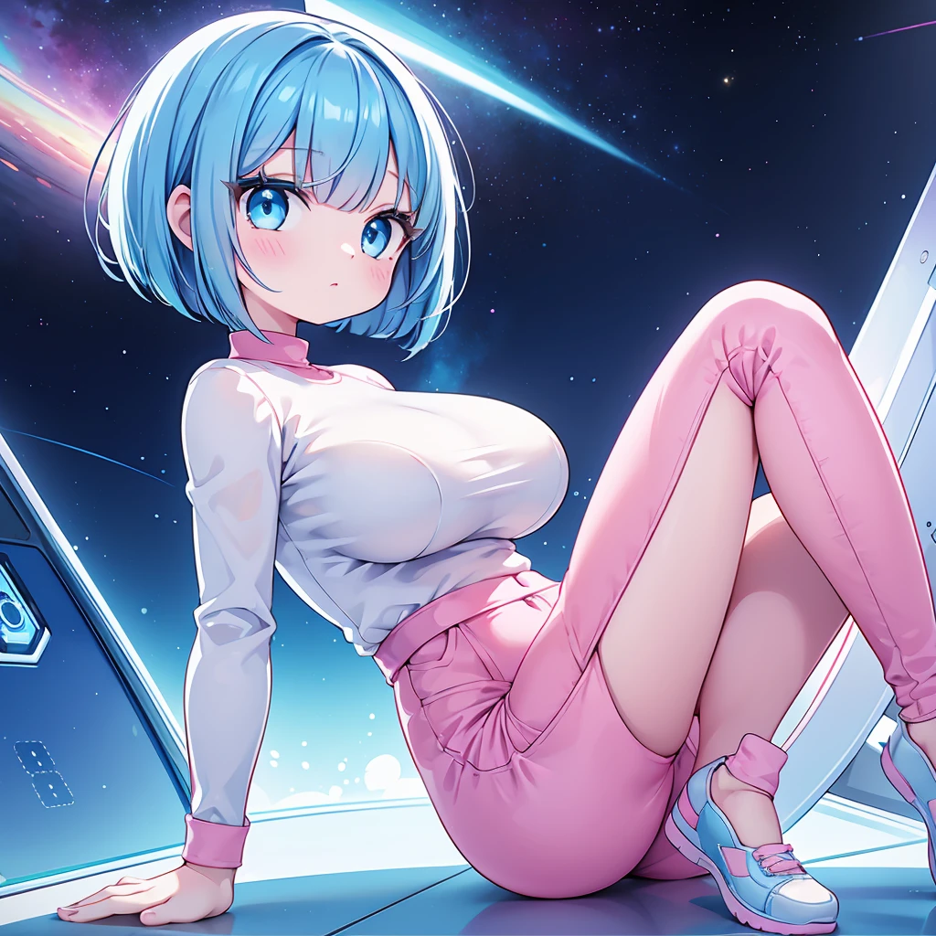 An android woman, large breasts, cute face, blue hair and blue eyes, bob cut hair, full body, thin waist, pink-light blue pants, wearing a pink-light blue shirt, blue shoes, perfect thighs, sfw, on a space station, sfw, space themed, android, hair has pink highlights