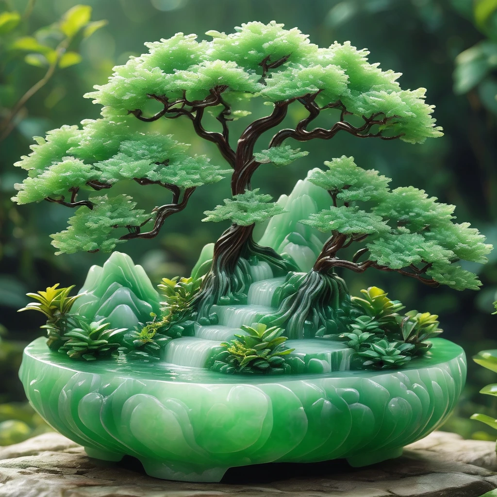 best quality,mountain of tree and pot relief rock, Made of translucent jadeite, Background grassland((A masterpiece full of fantasy elements))), ((best quality)), ((Intricate details))(8k)