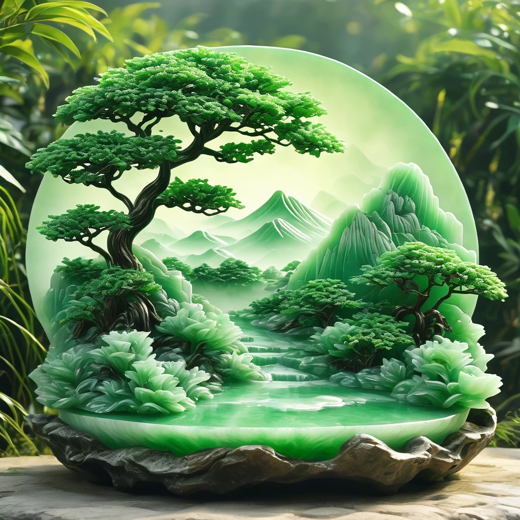 best quality，mountain of tree and pot relief rock, Made of translucent jadeite, Background grassland（（A masterpiece full of fantasy elements）））， （（best quality））， （（Intricate details））（8k）