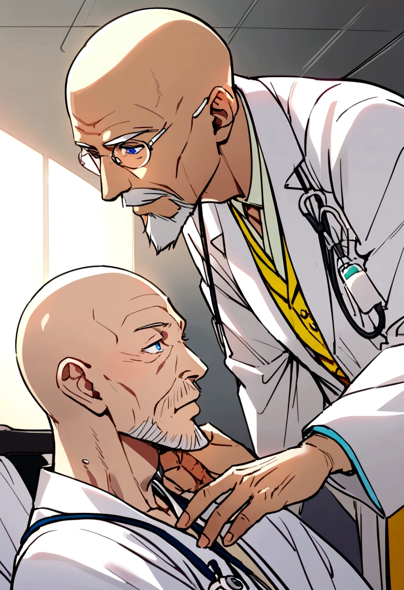 side angle、Man in white coat、Ultra-detailed illustrations、Ultra-precise expression、masterpiece、Highest quality、ultra High resolution、High resolution、Hiromitsu Takeda Style、White background、Simple Background、Bald man、whole body、Vulgar expression、Bad face、Sweat、pubic hair、Big penis、barefoot、Stethoscope、