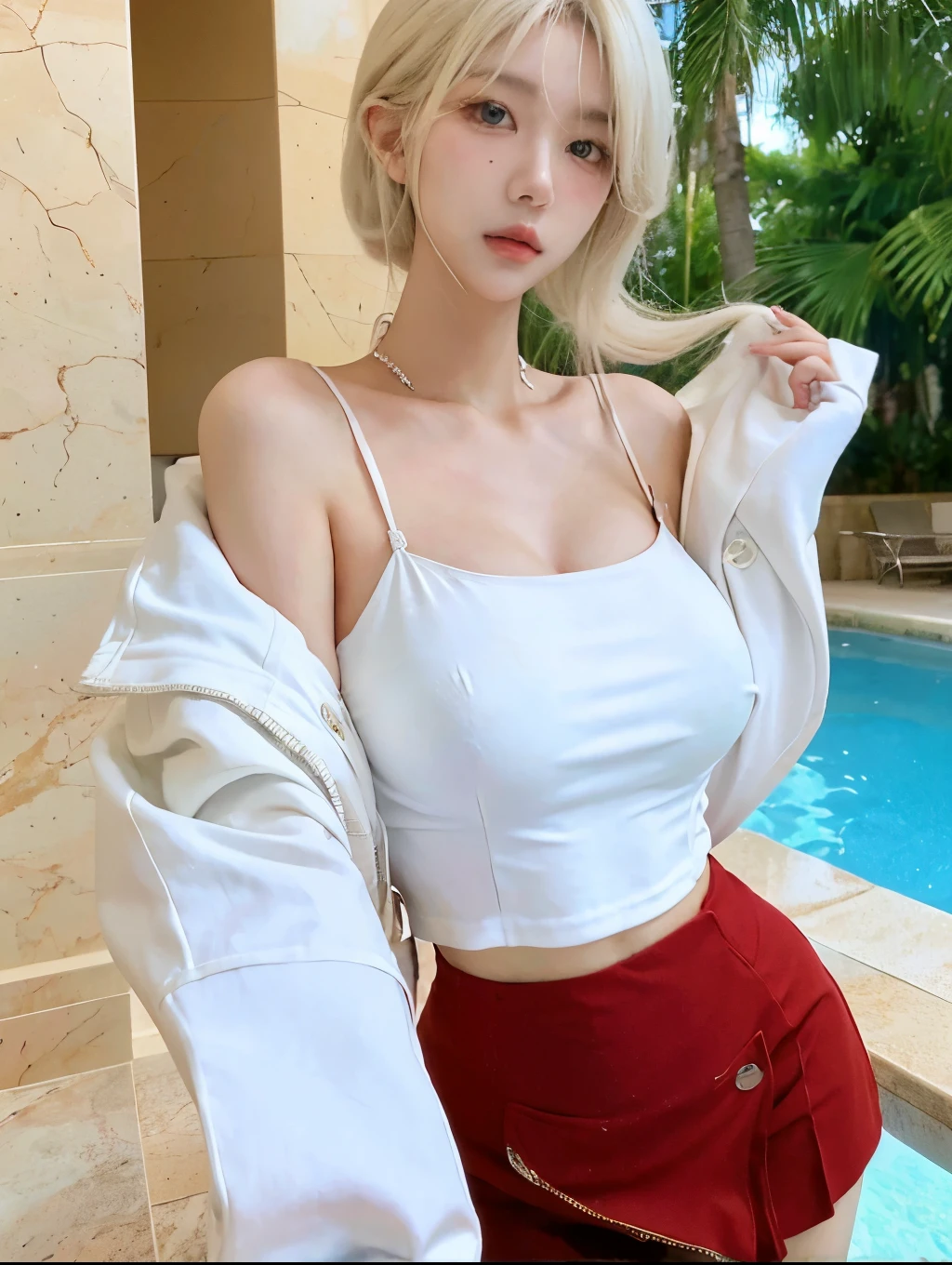 Beautiful woman with perfect figure：1.4，Layered hairstyle，White skin，Prominent cleavage，Bikini：1.5，Super short pleated skirt，whole body，Very delicate  and skin texture，Double eyelids，Skin Whitening，Long white hair