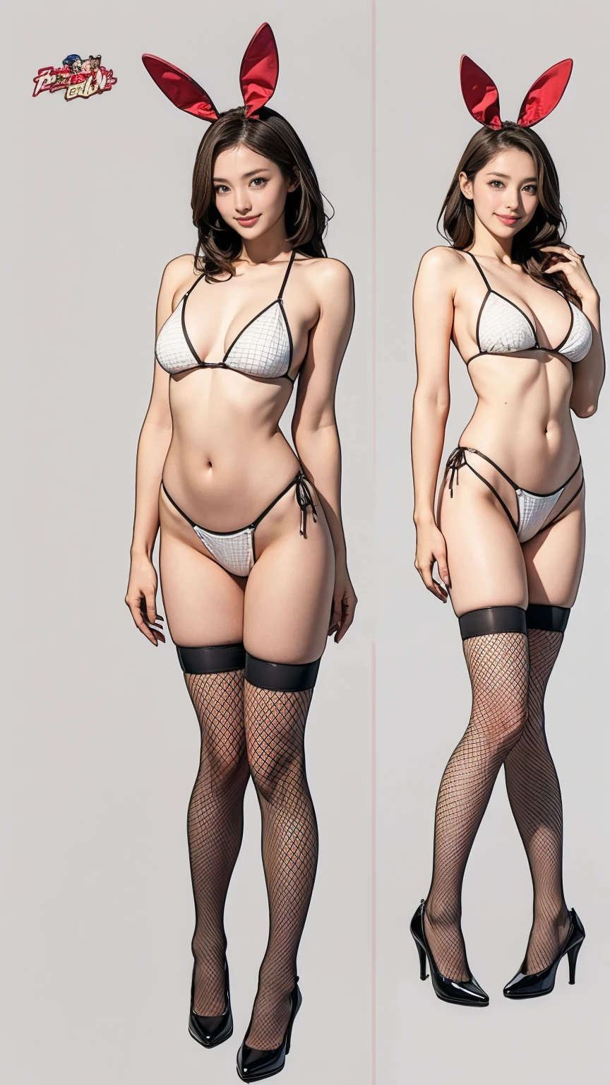 ((masterpiece)),(((Highest quality))),((Character design sheet)),Thin thighs,Long legs,Bunny girl:1.5,Wearing red fishnet stockings:1.5,The best smile:1.5,Full Body Shot:1.5,Gray background:1.5,Wearing black high heels:1.5,All Nude:1.5,Black Micro Bikini:1.5