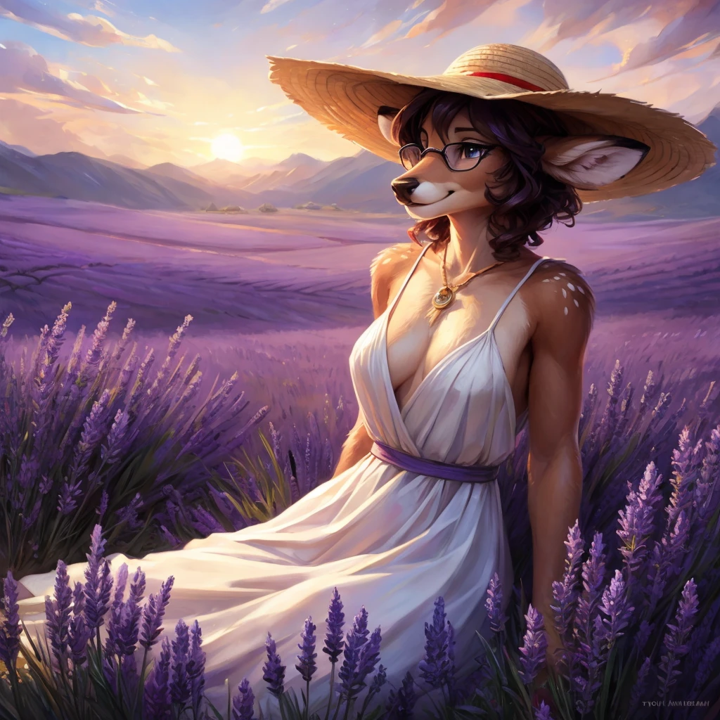uploaded on e621, by Pixelsketcher, by Bayard Wu, by Thomas Benjamin Kennington , by Einshelm, by hioshiru and kenket, Chunie, portrait, solo anthro female deer doe, with small featureless breasts, clear dark blue, cinematic lighting, day, sunny day, lavender field, stays in a lavender field, lavender field background, mediterranean background, horizon background, shiny, short curly dark brown hair, wears big black nerd glasses, very very beautiful furry art, furry art, smiling, joyful, shiny, happy, feminine, cute face, muzzle, fluffy chest, flawless face, Fallow deer, 1girl, Sakimichan is beautiful, Masterpiece, Wavethesallow Face, shiny, Detailed image, portrait, Detailed image, portrait, full body, wearing pure white and wide spaghetti straps dress, wearing big and wide beige summer straw hat, shiny, realistic face, perfect anatomy, hourglass body, (furry body:1.1), anthropomorphic deer, looks at the viewer, small fluffy tail, detailed background, (cute anatomy:1.1), stands in a lavender field