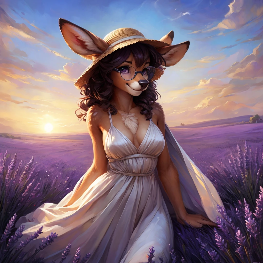 uploaded on e621, by Pixelsketcher, by Bayard Wu, by Thomas Benjamin Kennington , by Einshelm, by hioshiru and kenket, Chunie, portrait, solo anthro female deer doe, with small featureless , clear dark blue, cinematic lighting, day, sunny day, lavender field, stays in a lavender field, lavender field background, mediterranean background, horizon background, shiny, short curly dark brown hair, wears big black nerd glasses, very very beautiful furry art, furry art, smiling, joyful, shiny, happy, feminine, cute face, muzzle, fluffy , flawless face, Fallow deer, 1girl, Sakimichan is beautiful, Masterpiece, Wavethesallow Face, shiny, Detailed image, portrait, Detailed image, portrait, full body, wearing pure white and wide spaghetti straps dress, wearing big and wide beige summer straw hat, shiny, realistic face, perfect , hourglass body, (furry body:1.1), anthropomorphic deer, looks at the viewer, small fluffy tail, detailed background, (cute :1.1), stands in a lavender field
