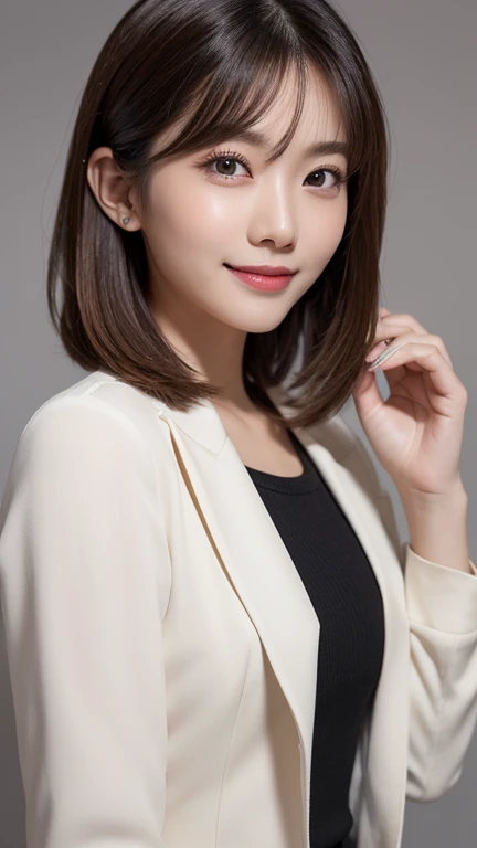 (Very detailed CG Unity 8k wallpaper, Highest quality, Very detailed, Looking into the camera:1.2, The light shines on your face:1.5, Gray background, Professional Lighting), Japanese women, 26 years old, Brightly lit upper body composition of a face. She has an oval face, Soft arched eyebrows, bright expressive eyes,,, pronounced nose, And a friendly smile. Her hair is shoulder-length, straight, Dyed a pale chestnut color. She is wearing a smart casual blouse, Probably soft colors, Pair it with a chic blazer, Embody her lively and sociable personality