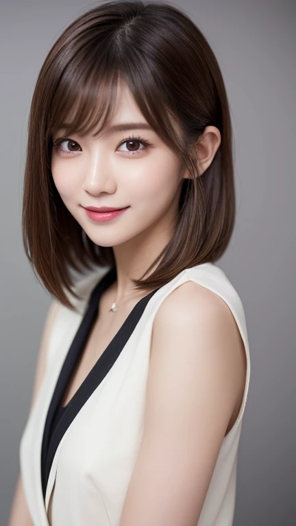 (Very detailed CG Unity 8k wallpaper, Highest quality, Very detailed, Looking into the camera:1.2, The light shines on your face:1.5, Gray background, Professional Lighting), Japanese women, 26 years old, Brightly lit upper body composition of a face. She has an oval face, Soft arched eyebrows, bright expressive eyes,,, pronounced nose, And a friendly smile. Her hair is shoulder-length, straight, Dyed a pale chestnut color. She is wearing a smart casual blouse, Probably soft colors, Pair it with a chic blazer, Embody her lively and sociable personality