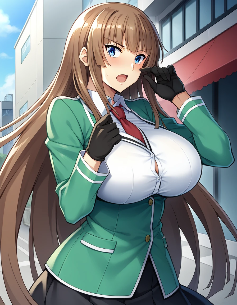 score_9, score_8_up, score_7_up, score_6_up, source_anime, (aoi nagisa:1.1), BREAK solo, 1girl, koukawa asuka, brown hair, long hair, blue eyes, bangs, (huge breasts:0.8), medium body, BREAK (blue_school_jacket, tight clothes:1.1), breasts, black gloves, collared white blouse, red long tie, black skirt, BREAK open mouth, outside, street, (upper body:1.1),