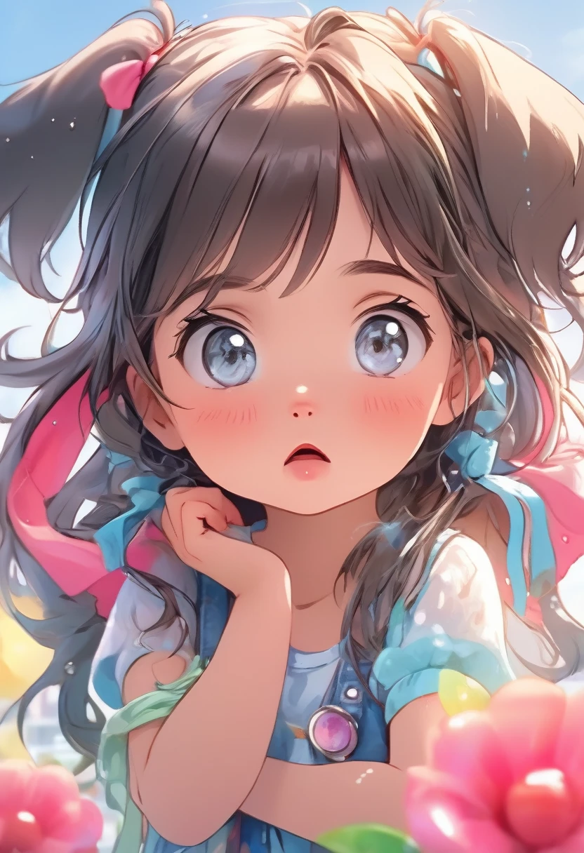 (Very cute and delicate CG illustrations, Ultra detailed and ultra high quality),pretty girl，Baby Girl, A troubled and crying expression,Giant dog in the background，One girl, Detail view. Vibrant colors. high resolution.
