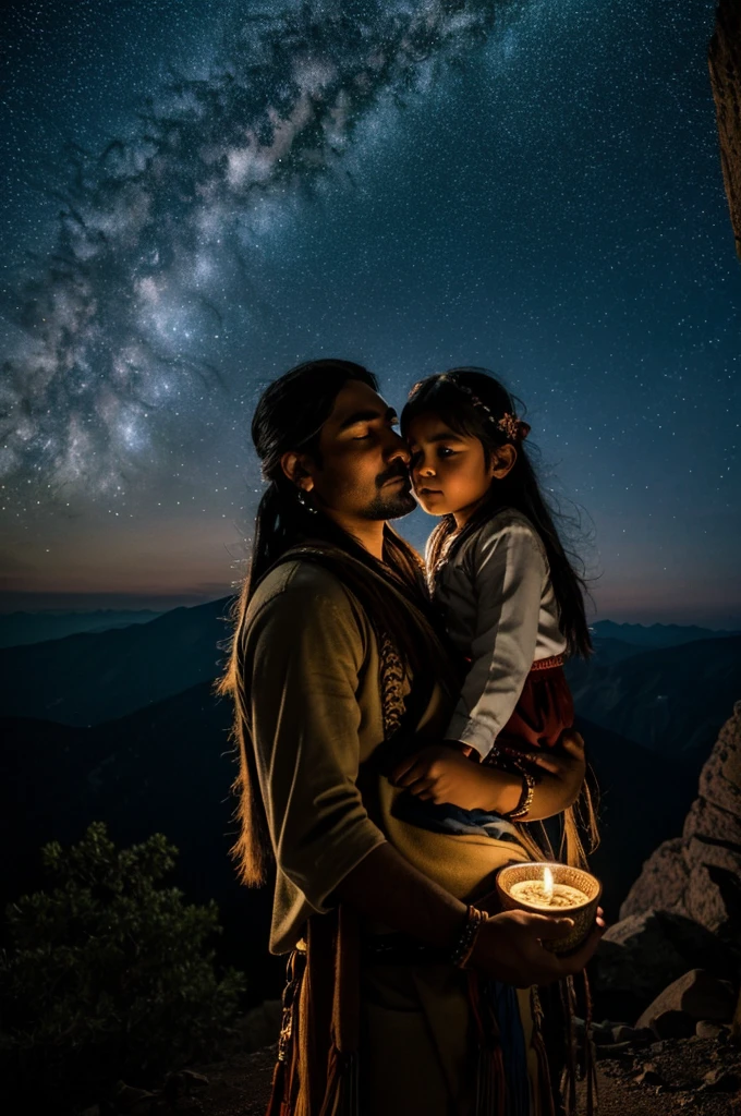 "Imagine a magical night on top of a mountain, under a starry sky and the soft moonlight. An Apache Indian lovingly holds his baby daughter in his arms, while they both look towards the horizon. The landscape is full of serenity and connection with nature. Create an image that captures this scene in detail, highlighting the deep connection between father and daughter and the beauty of the night."