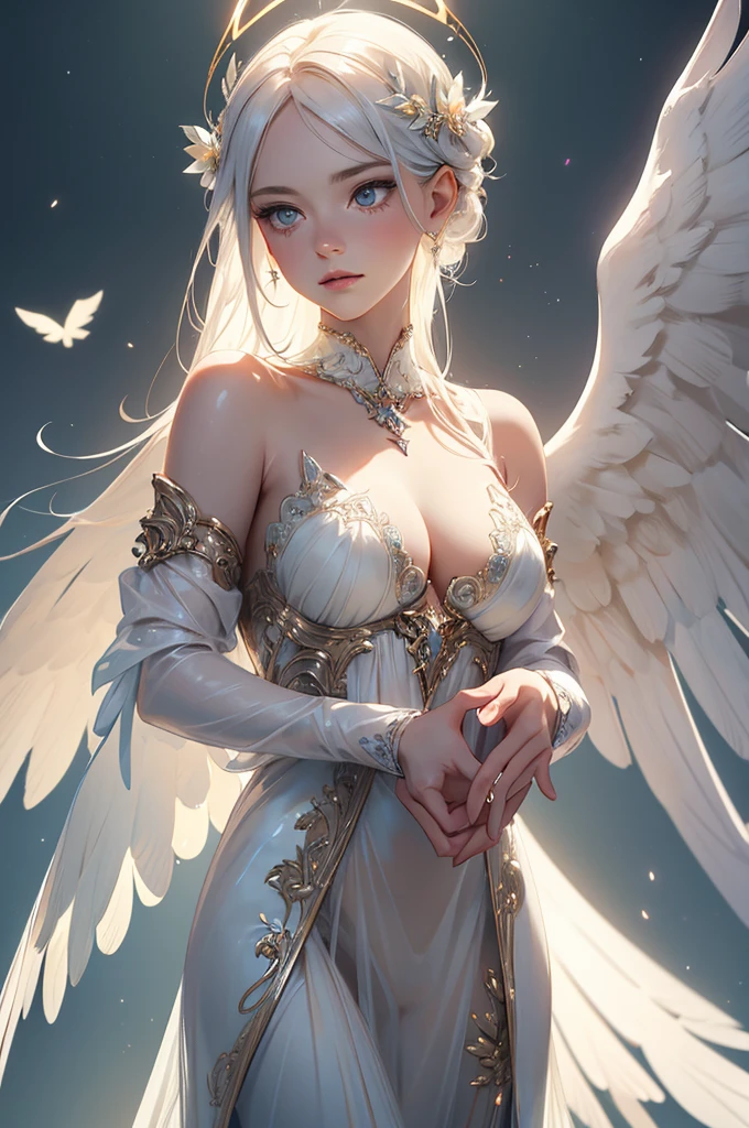 ((ultra quality)), ((realistic,digital art)), (hyper detailed) a beautiful angel woman with halo of light, semi-, intricate detailed face, delicate  features, porcelain skin, ethereal, serene expression, elegant pose, feathered wings, graceful, divine, shimmering light effects, cinematic lighting, chiaroscuro, dramatic shadows, muted color palette, romantic, dreamlike, mystical