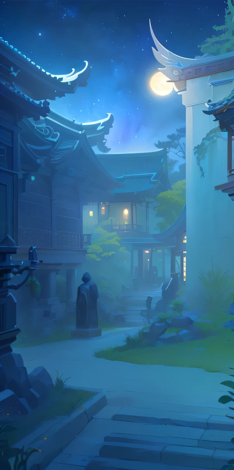 Night anime scene with clock tower and garden, background technology, Fairy tale style background, anime background technology, background technologywork, zen Temple Background, Random background scenes, interior background technology, mysterious temple setting, Temple Background, Depicting the background of the temple, moonlit starry sky environment, Background of the site, 2D Game Art Background, Art Nouveau jungle environment