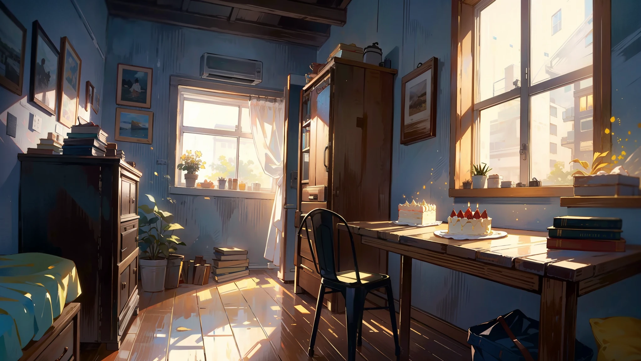 Dark apartment, small birthday cake on old wooden table, modern apartment, alarm clock on the wall，anime scene.Upward shot，No humans