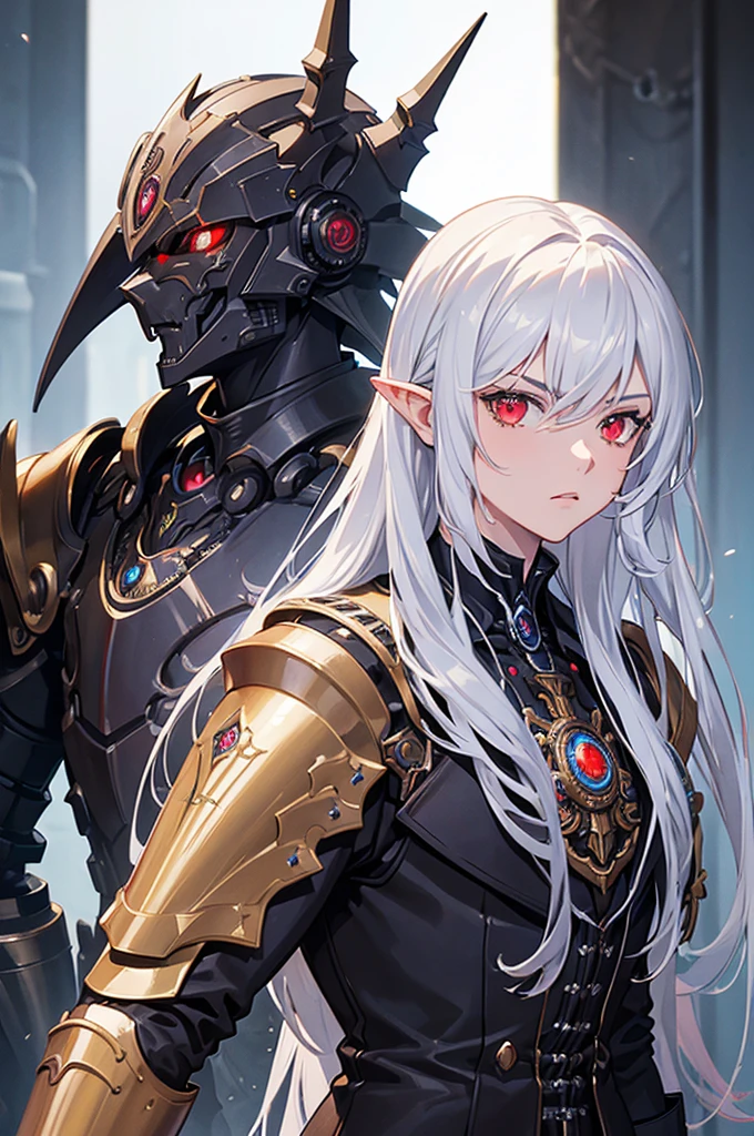 ((best quality)), ((masterpiece)), (detailed), ((boy)), ((mechanical armor)), (steampunk), (serious), dark skinned, human, upper body, portrait, red eyes, long white hair, Xemnas from Kingdom Hearts, half-drow, pointy ears