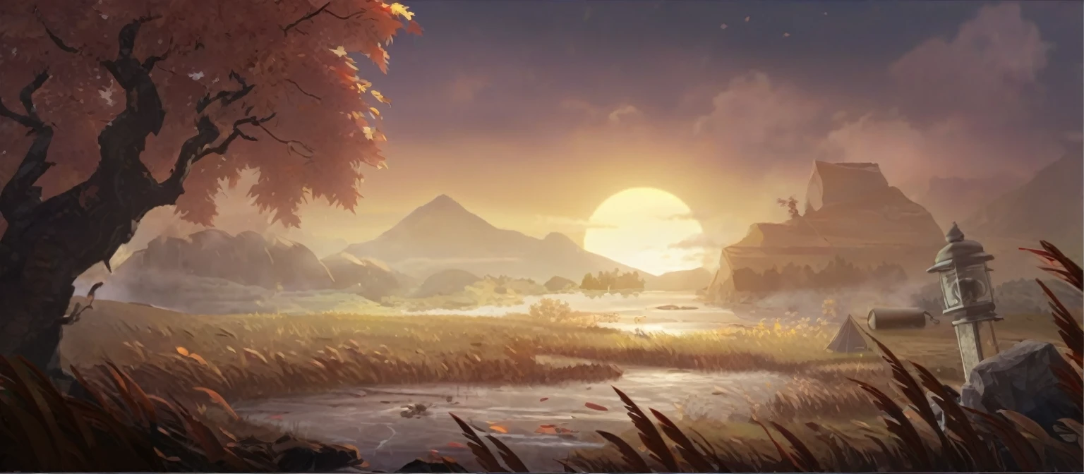 Tranquil outdoor camping scene, Minimalist Journey, Detailed landscape, Dramatic skies, Golden Hour Lighting, Detail of tent, campfire, Hiking Backpacks, The silhouette of the mountain, Tranquil lake, Fallen Leaves, Composition, Bright colors, (best quality,4K,8K,high resolution,masterpiece:1.2),Extremely detailed,(Practical,photoPractical,photo-Practical:1.37)