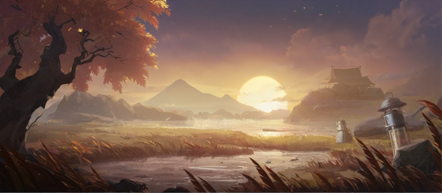 Tranquil outdoor camping scene, Minimalist Journey, Detailed landscape, Dramatic skies, Golden Hour Lighting, Detail of tent, campfire, Hiking Backpacks, The silhouette of the mountain, Tranquil lake, Fallen Leaves, Composition, Bright colors, (best quality,4K,8K,high resolution,masterpiece:1.2),Extremely detailed,(Practical,photoPractical,photo-Practical:1.37)