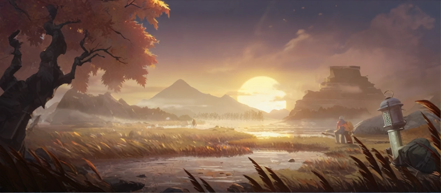 Tranquil outdoor camping scene, Minimalist Journey, Detailed landscape, Dramatic skies, Golden Hour Lighting, Detail of tent, campfire, Hiking Backpacks, The silhouette of the mountain, Tranquil lake, Fallen Leaves, Composition, Bright colors, (best quality,4K,8K,high resolution,masterpiece:1.2),Extremely detailed,(Practical,photoPractical,photo-Practical:1.37)