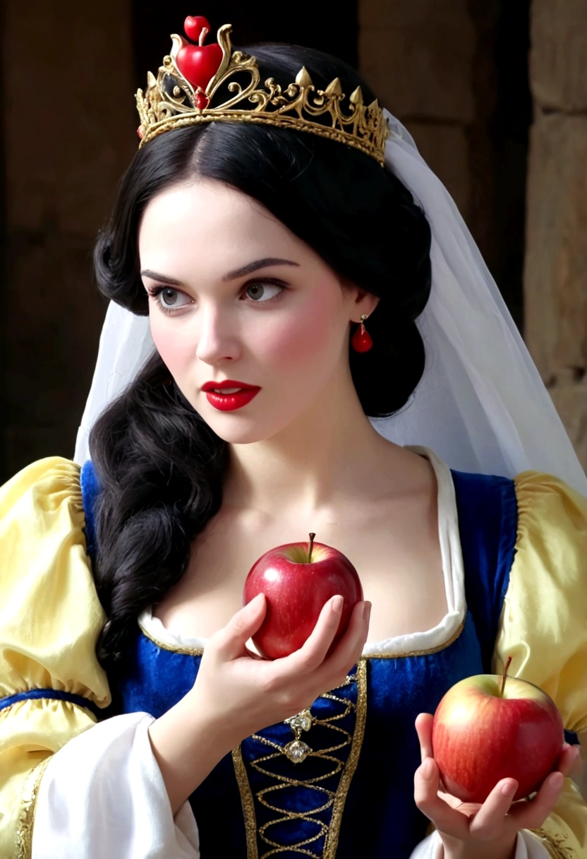 Look at viewer,beautiful snow white eating an apple ultra nítido foco, realistic footage, medieval women's clothing, cor tetradica, Close Up