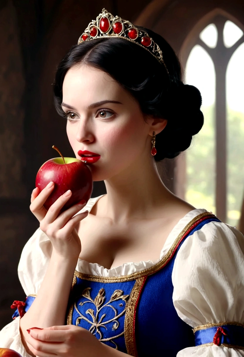 Look at viewer,beautiful snow white eating an apple ultra nítido foco, realistic footage, medieval women's clothing, cor tetradica, Close Up