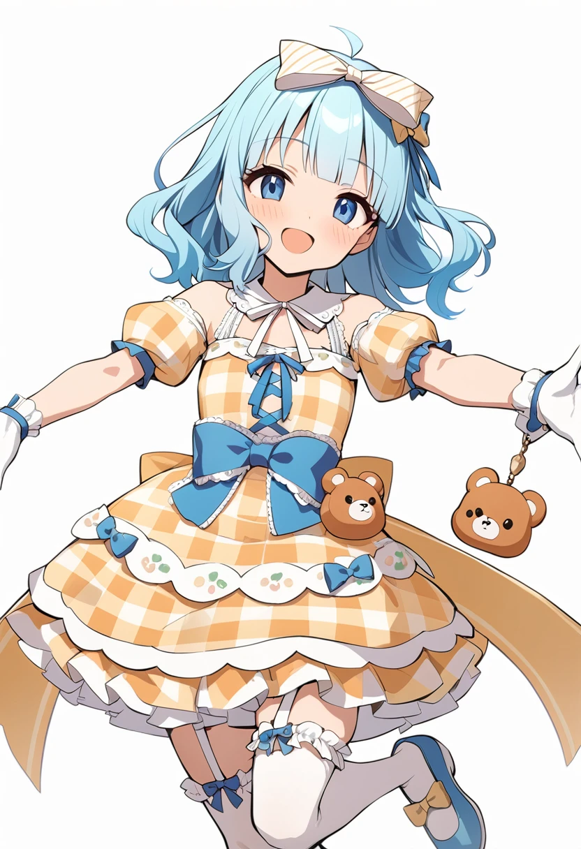 masterpiece, best quality, extremely detailed, (illustration, official art:1.1), 1 girl ,(((( light blue long hair)))), ,(((( light blue long hair)))),light blue hair, , long hair ((blush)) , cute face, big eyes, masterpiece, best quality,(((((a very delicate and beautiful girl))))),Amazing,beautiful detailed eyes,blunt bangs((((little delicate girl)))),tareme(true beautiful:1.2), sense of depth,dynamic angle,,,, affectionate smile, (true beautiful:1.2),,(tiny 1girl model:1.2),)(flat chest), 1girl, suou momoko, charmy-angle, looking at viewer, blue bow, frills, striped bow, head tilt, smile, frilled dress, thighhighs, white thighhighs, simple background, hair ornament, shoes, frilled sleeves, dress bow, cross-laced clothes, blue eyes, wrist cuffs, puffy short sleeves, polka dot bow, detached sleeves, leg up, short sleeves, solo, white gloves, bow legwear,, bow print, holding, white background, blunt bangs, standing on one leg, outstretched arms, yellow dress, ahoge, plaid dress, :d, layered dress, blue footwear, collared dress, spread arms, off shoulder, white bow, hair bow, wavy hair, bag, animal bag, white neckwear, standing, blue ribbon, handbag, blush, neck ribbon, short hair, yellow bow, diagonal-striped bow, white collar, bear print, shadow, hair ribbon, bare shoulders, frilled thighhighs, orange dress, garter straps, open mouth, frilled bow, print skirt, detached collar, bear shaped bag, back bow, puffy sleeves, masterpiece, best quality