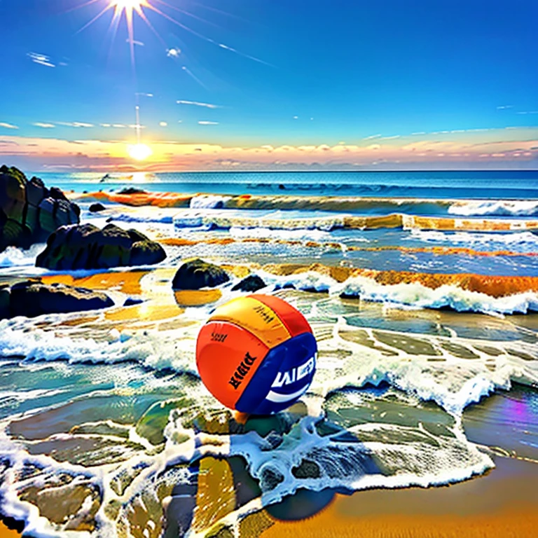 A volleyball on a flat beach，The sea in the distance，Big orange sun shining in the blue sky