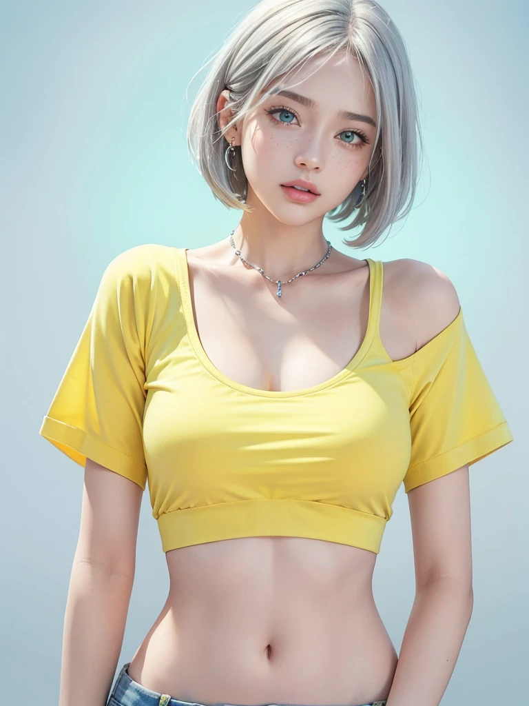 ((masterpiece)), ((best quality)), (ultra-detailed), ((extremely detailed)), 4K, (8K), best quality, a beautiful woman, ((beautiful light gray hair)), shiny hair, ((fluffy bob cut)), light blue eyes, detailed skin, freckled skin, flushed cheeks, 20 years old, , ((Plain Yellow croptop T-shirt, Upper body)), ((solid green background)), like a model、Pose like a model, face tilted, oblique, She wears a simple bracelet and ring from Pandora, and a silver belly chain from Forever 21,