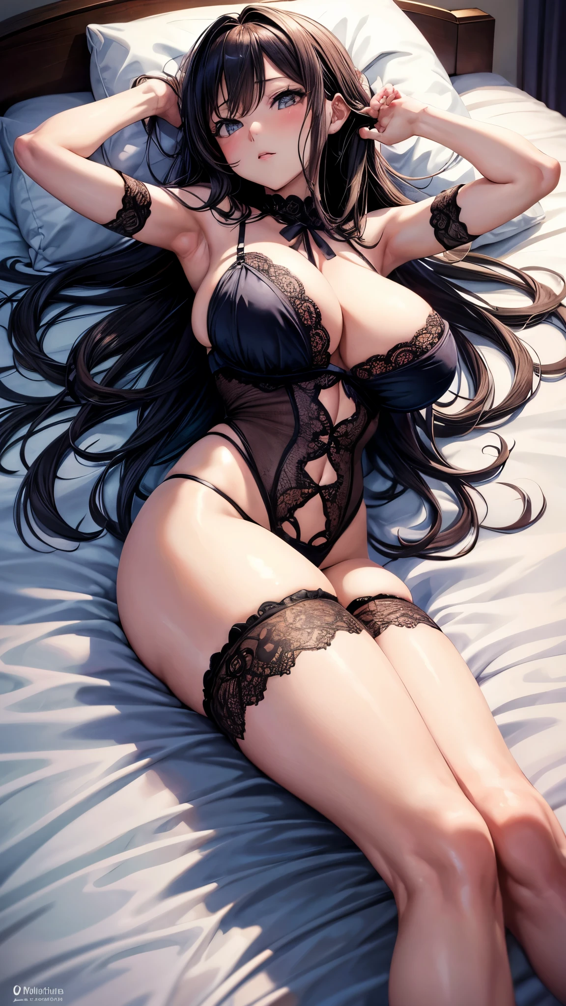 anime girl in  laying on bed with her hands on her head, oppai,  anime girl, thicc, hanayamata, [ 4 k digital art ]!!, oppai proportions, , beautiful alluring anime woman, , with large breasts, big breasts!!, with a large breasts, big breasts!