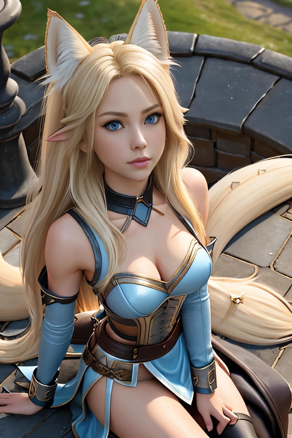 Beautiful 1girl, full body, teenager, solo, (very long waist length blonde hair, straight blonde hair: 1.28), ((light blue eyes)), clear skin, (large darker fox ears: 1.35), pale skin, medium breasts, cleavage, (thin hips, thin waist , athletic body: 1.25),  background, looking away, ((wearing leather Warcraft leather armor, leather warrior skirt: 1.1), looking at viewer, (sitting, looking up at viewer: 1.22),), on castle rooftop, masterpiece, best quality,3d rending work ,3DMM style, close-up, portrait, 3D,