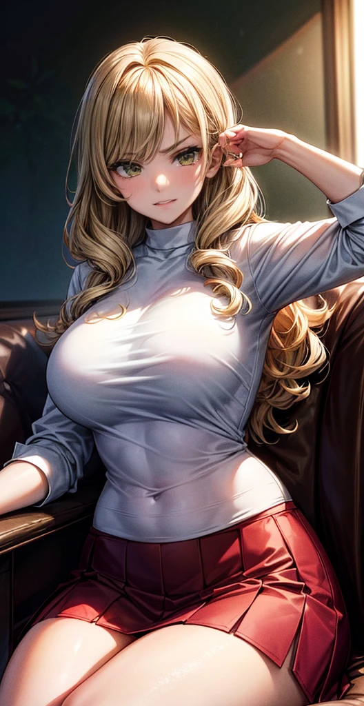 ( Ultra Masterpiece, Best quality ), Detailed Face + eyes, beautiful eyes, (Absurdres), (Anime), (Skindentation), (Best shadow), ((Anime)), /(Kamidere face)/, /(Kamidere looks)/, (Perfect face)+, Huge breasts, Very curvy, ( curly blonde hair), long hair, Beautiful hairstyle, (green eyes), Full lips, ( angry face, frown, warm smile ), ((beautiful character design)), At home, ( Intricate Clothes ), BREAK, Professional photo, (Thick thighs), Big breasts, Ray tracing, (Perfect face)+, Octane render, good looking shirt, ((white) shirt: 1.3), good-looking skirt, ((red) skirt: 1.2), medium breasts, (Soft skin), (healthy body), 1 Female, (bold and assertive pose), (Very sexy+, Gorgeous woman+, young beautiful woman+), BREAK, ( Sitting down, Facing the viewer, looking away ), ((Kamidere))+