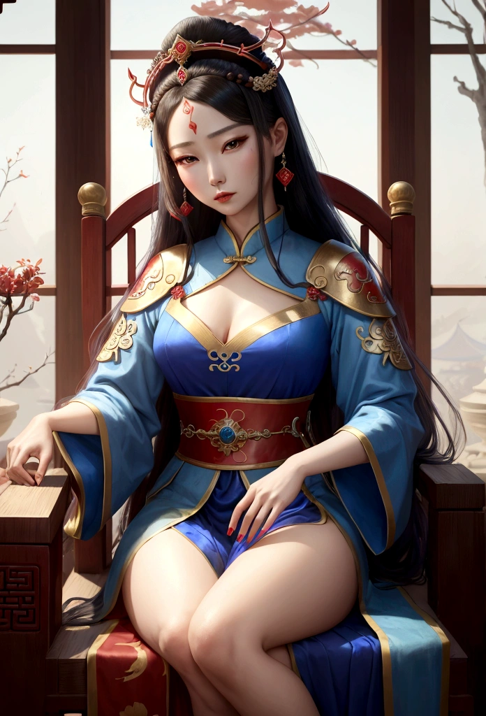 Araped woman sitting on chair in blue and red dress, Palace ， girl in hanfu, beautiful fantasy empress, chinese princess, ancient chinese princess, Empress of China, ((beautiful fantasy empress)), beautiful character drawings, Princess of an ancient Asian dynasty, Works inspired by Lan Ying, chinese girl, wearing ancient chinese clothes, chinese style, Inspired by Woobin