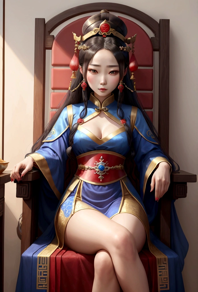 Araped woman sitting on chair in blue and red dress, Palace ， girl in hanfu, beautiful fantasy empress, chinese princess, ancient chinese princess, Empress of China, ((beautiful fantasy empress)), beautiful character drawings, Princess of an ancient Asian dynasty, Works inspired by Lan Ying, chinese girl, wearing ancient chinese clothes, chinese style, Inspired by Woobin