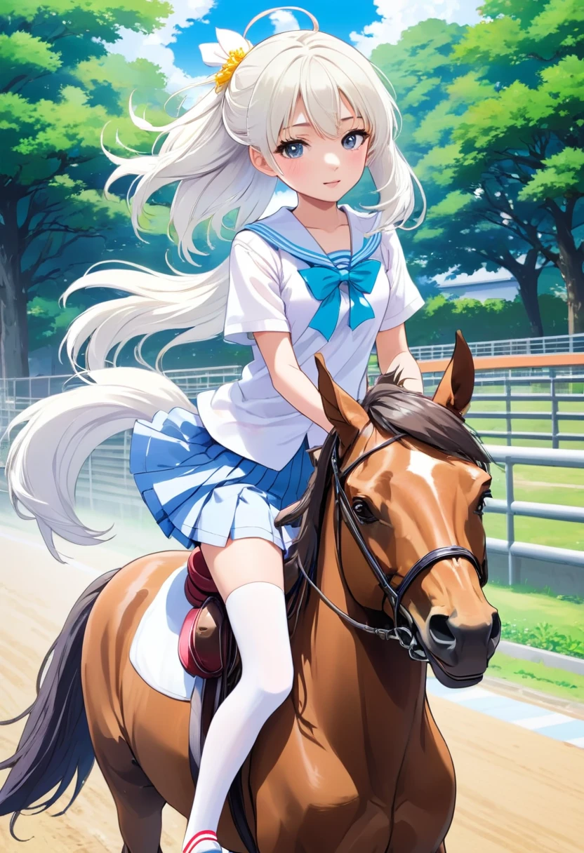 A Japanese high school girl in anime style riding a horse. Her hair is white and she is wearing white summer socks.