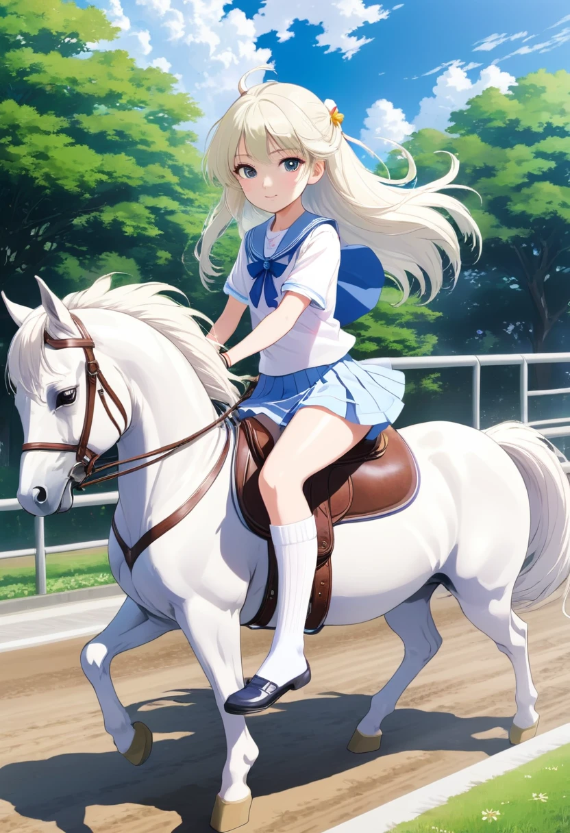 A Japanese high school girl in anime style riding a horse. Her hair is white and she is wearing white summer socks.
