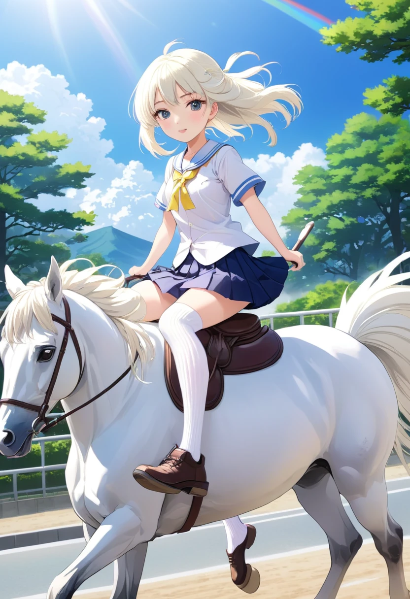 A Japanese high school girl in anime style riding a horse. Her hair is white and she is wearing white summer socks.