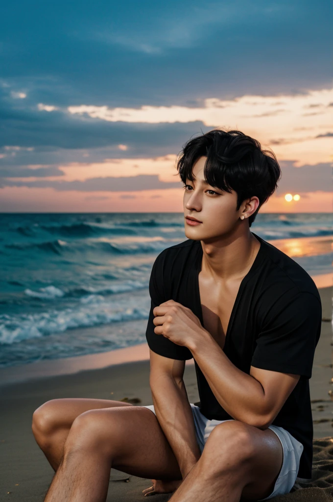 black haired jungkook, next to me on a beach at night 
